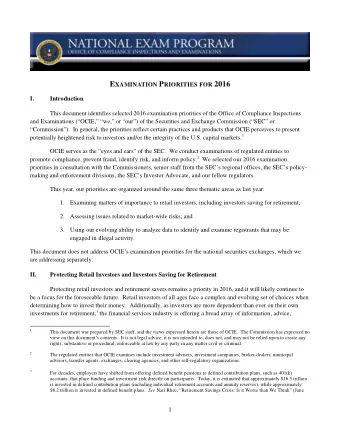 E XAMINATION P RIORITIES FOR 2016 I.  Introduction  This document identifies selected 2016