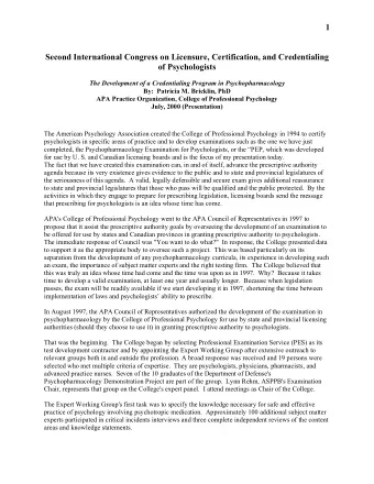 1  Second International Congress on Licensure, Certification, and Credentialing  of Psychologists