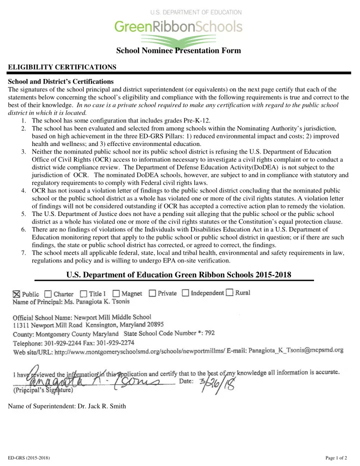 school nominee presentation form