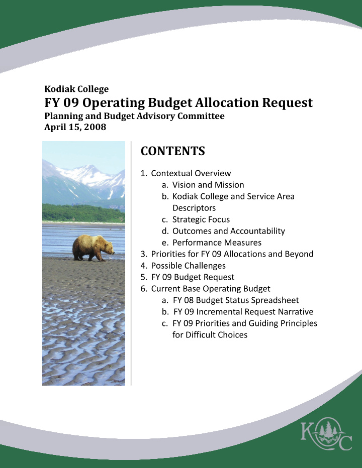 fy 09 operating budget allocation request