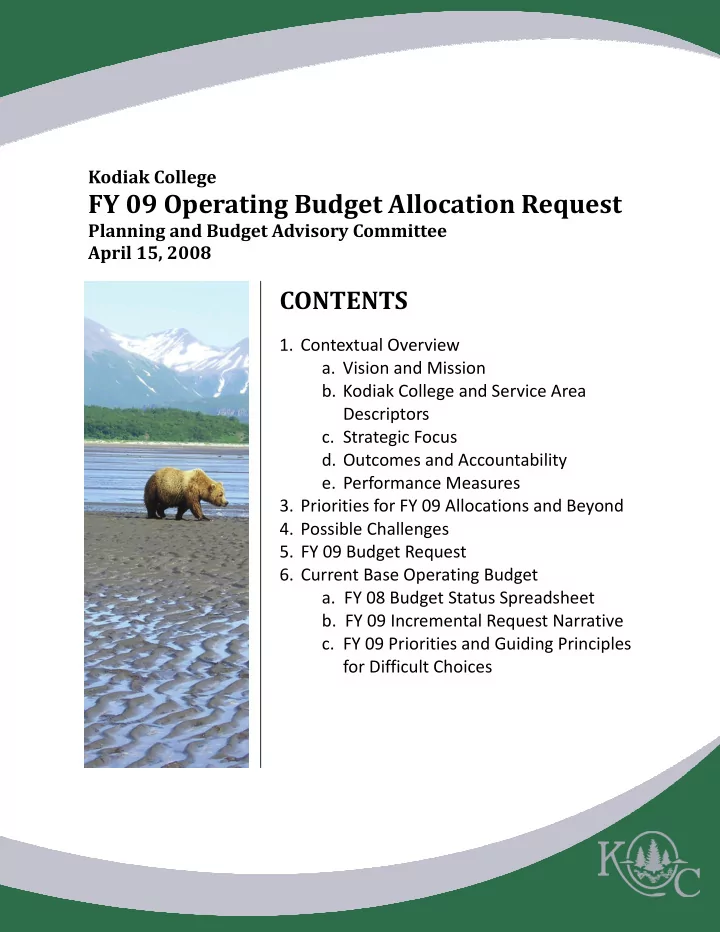 fy 09 operating budget allocation request
