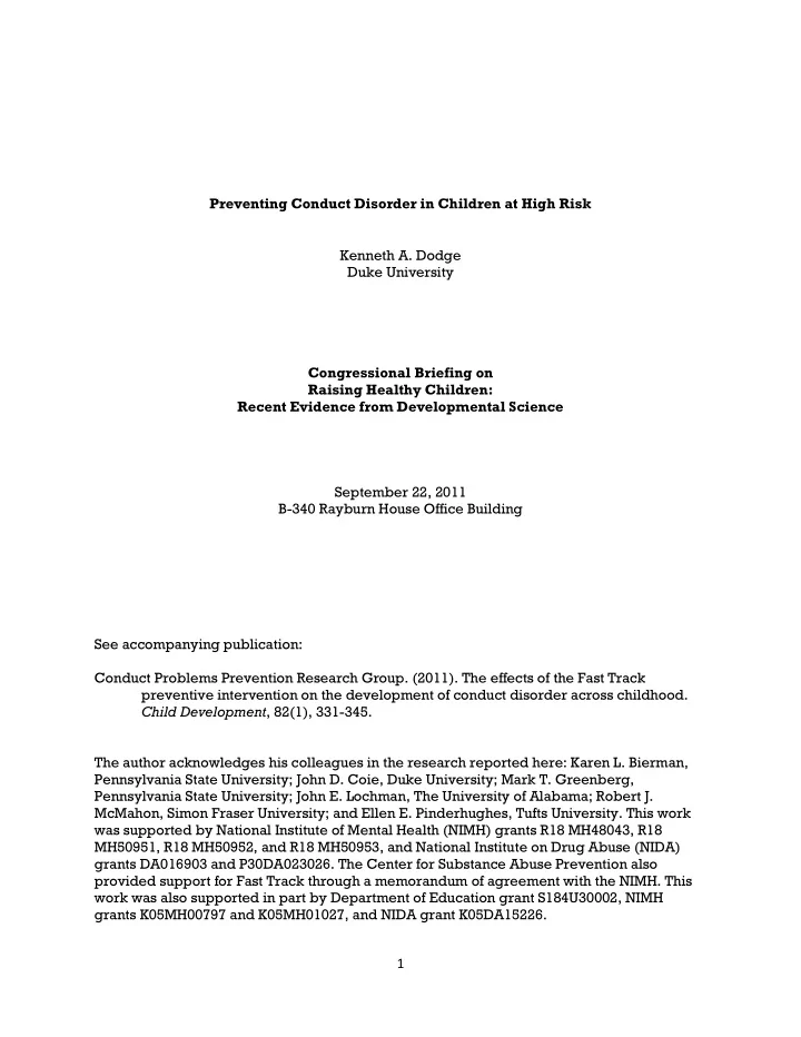 preventing conduct disorder in children at high risk