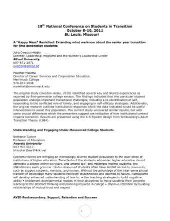 18 th National Conference on Students in Transition  October 8-10, 2011  St. Louis, Missouri  A