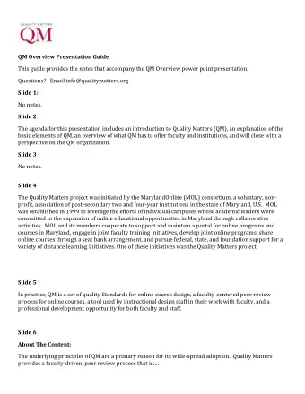 QM Overview Presentation Guide  This guide provides the notes that accompany the QM Overview power