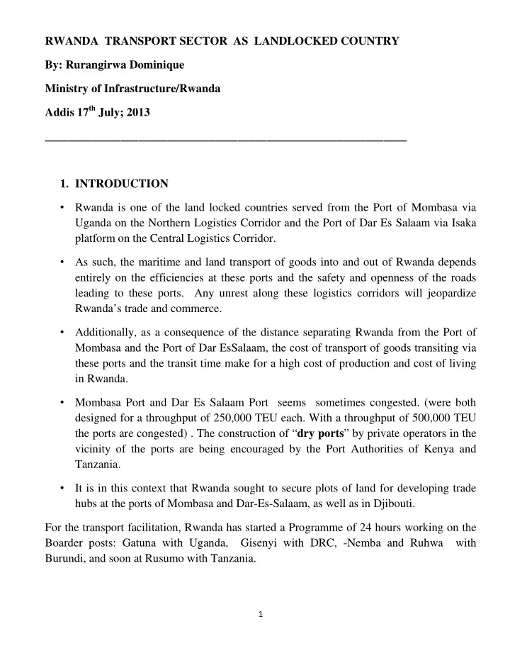 rwanda transport sector as landlocked country by
