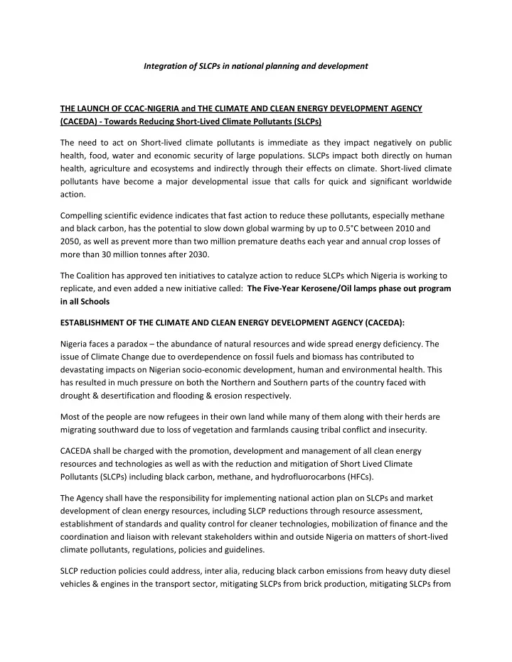 integration of slcps in national planning and development