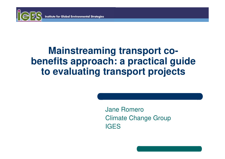 mainstreaming transport co benefits approach a practical