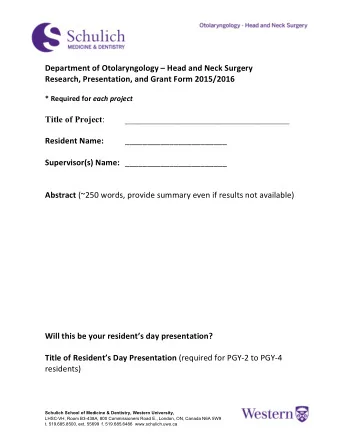 Department of Otolaryngology  Head and Neck Surgery  Research, Presentation, and Grant Form
