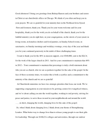 Good afternoon! I bring you greetings from Bishop Hanson and your brothers and sisters  in Christ