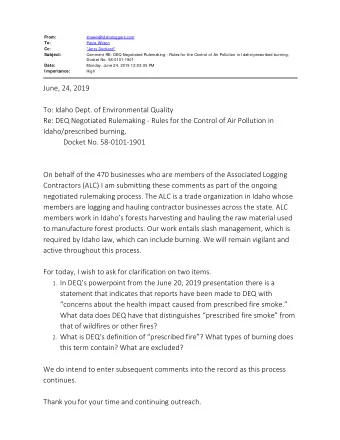 June, 24, 2019  To: Idaho Dept. of Environmental Quality  Re: DEQ Negotiated Rulemaking - Rules for