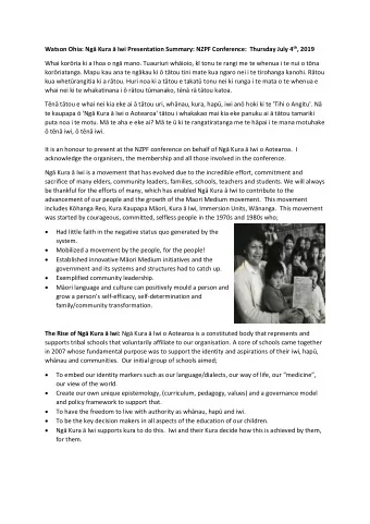 Watson Ohia: Ng Kura  Iwi Presentation Summary: NZPF Conference:  Thursday July 4 th , 2019