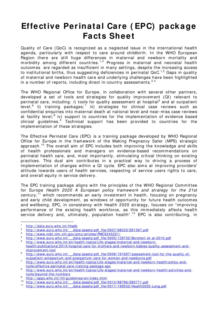 effective perinatal care epc package facts sheet