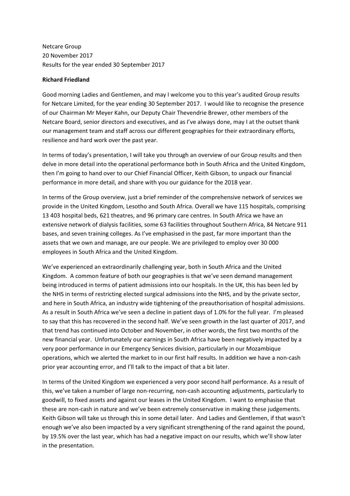 netcare group 20 november 2017 results for the year ended