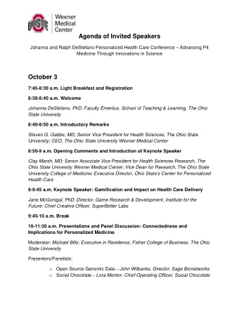 Agenda of Invited Speakers  Johanna and Ralph DeStefano Personalized Health Care Conference