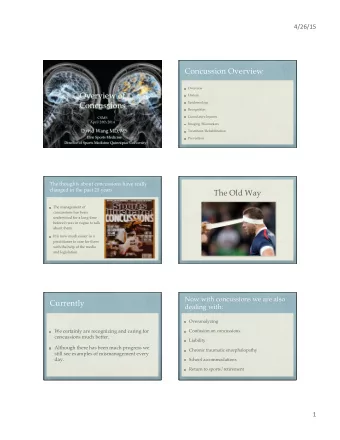 Overview of  History  Epidemiology  Concussions  Recognition  Cumulative Injuries  CSMS  April 28th