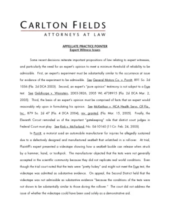 APPELLATE PRACTICE POINTER  Expert Witness Issues  Some recent decisions reiterate important