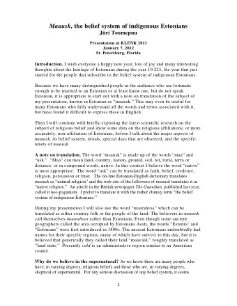 Maausk , the belief system of indigenous Estonians  Jri Toomepuu  Presentation at KLENK 2011