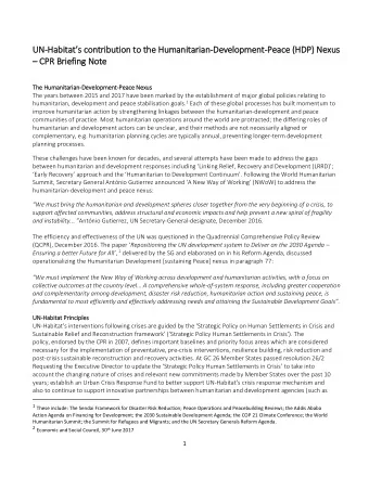 UN UN- Habitats contribution to the Humanit  itaria  ian-Develo  lopment-Peace (HDP) Nexus