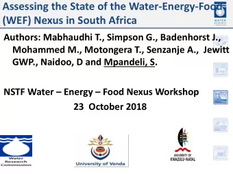 Assessing the State of the Water-Energy-Food  (WEF) Nexus in South Africa  Authors: Mabhaudhi T.,