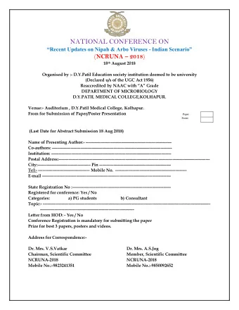 Recent Updates on Nipah &amp; Arbo Viruses - Indian Scenario ( NCRUNA  2018 ) 18 th August