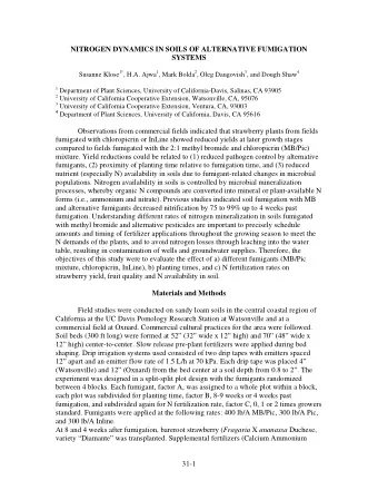 NITROGEN DYNAMICS IN SOILS OF ALTERNATIVE FUMIGATION SYSTEMS Susanne Klose 1* , H.A. Ajwa 1 , Mark