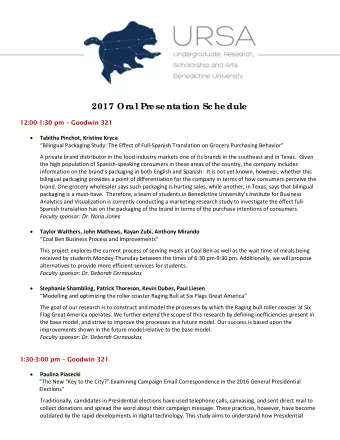 2017 Or  al Pr  e se ntation Sc he dule  12:00-1:30 pm  Goodwin 321  Tabitha Pinchot,