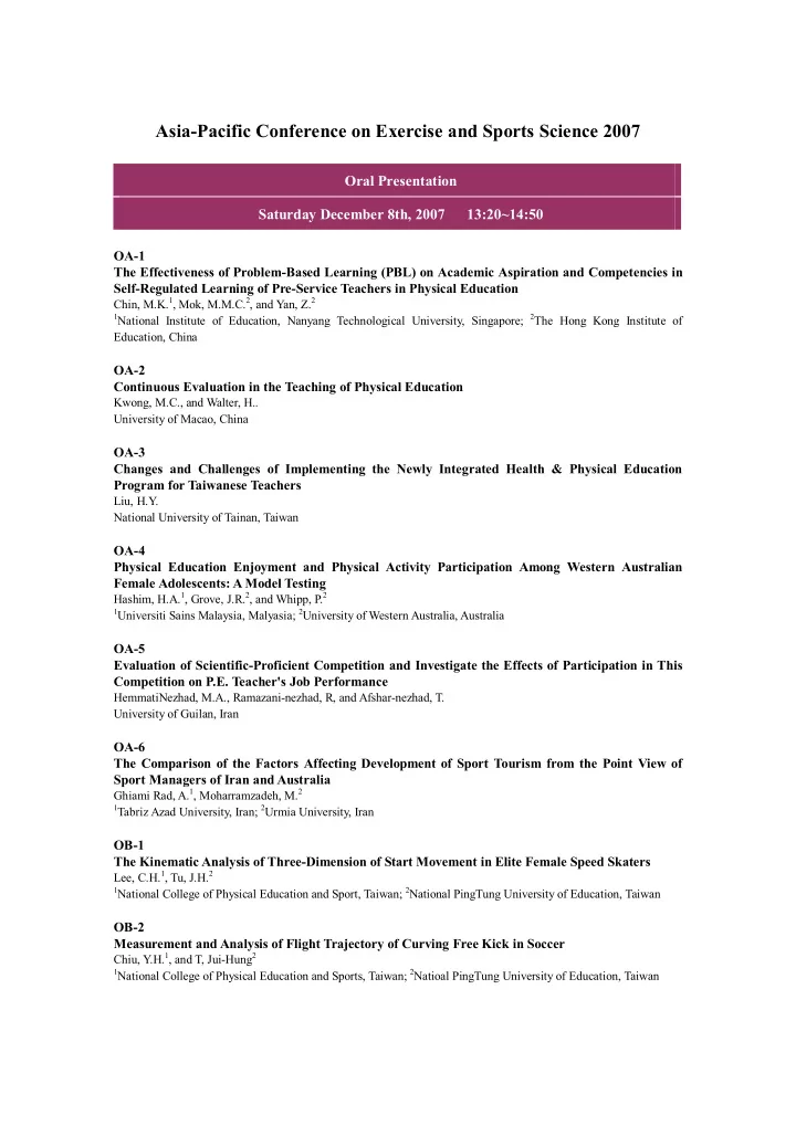 asia pacific conference on exercise and sports science