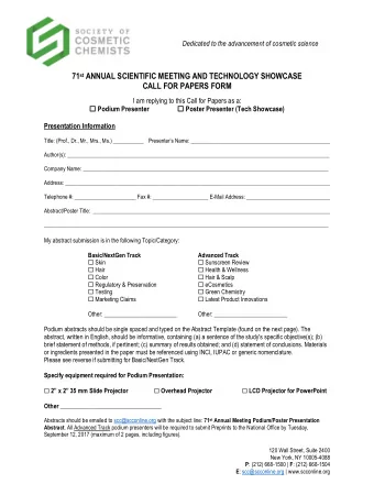 71 st ANNUAL SCIENTIFIC MEETING AND TECHNOLOGY SHOWCASE  CALL FOR PAPERS FORM  I am replying to