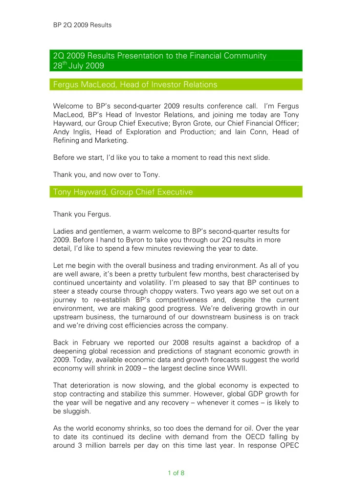 2q 2009 results presentation to the financial community