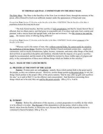 ST THOMAS AQUINAS - COMMENTARY ON THE HOLY MASS  The Holy Mass:  The Mass is the Sacrifice of the