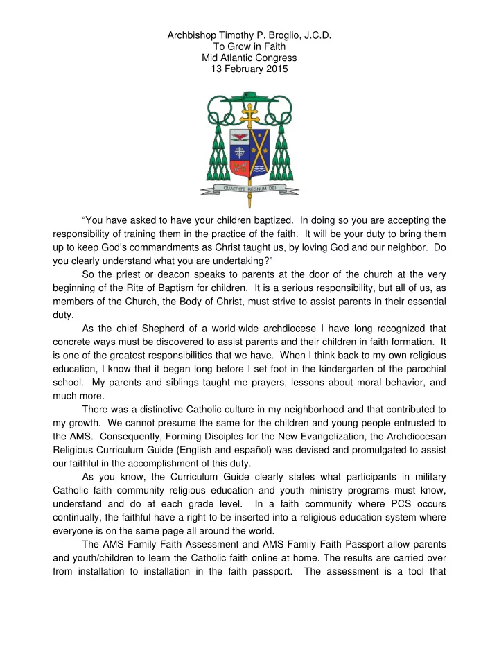 archbishop timothy p broglio j c d to grow in faith mid
