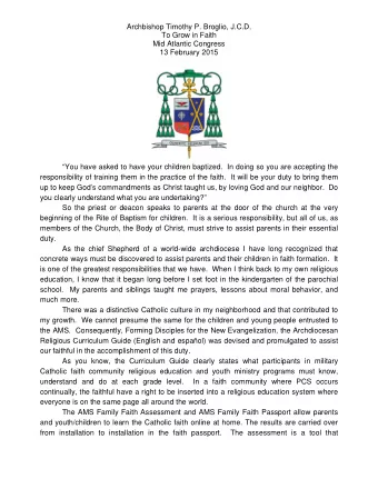 Archbishop Timothy P. Broglio, J.C.D.  To Grow in Faith  Mid Atlantic Congress  13 February 2015