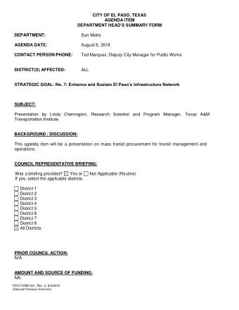 CITY OF EL PASO, TEXAS  AGENDA ITEM DEPARTMENT HEADS SU MMARY FORM  DEPARTMENT:  Sun Metro