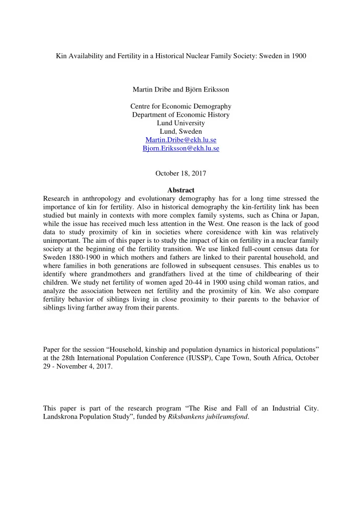 kin availability and fertility in a historical nuclear