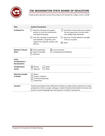 THE WASHINGTON STATE BOARD OF EDUCATION A high-quality education system that prepares all students