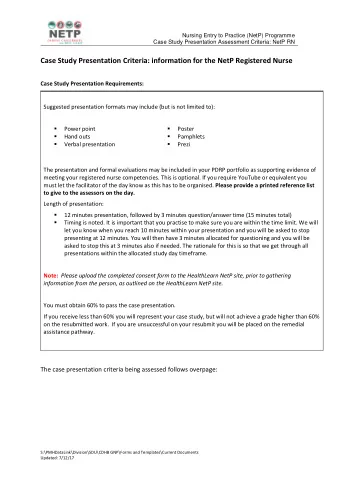 Case Study Presentation Criteria: information for the NetP Registered Nurse  Case Study