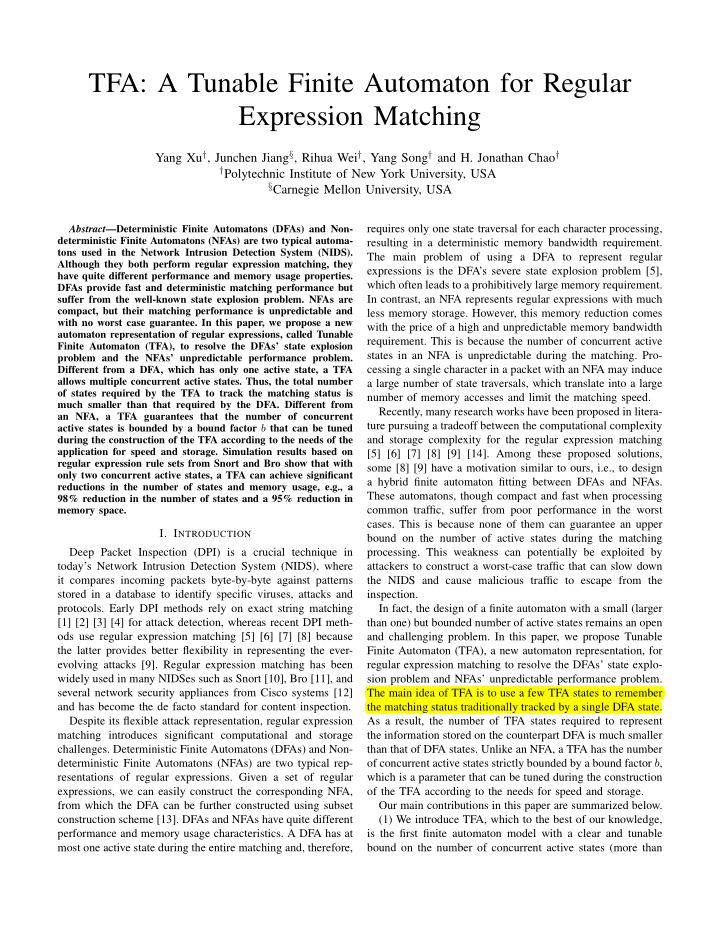 tfa a tunable finite automaton for regular expression