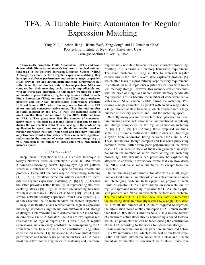 tfa a tunable finite automaton for regular expression