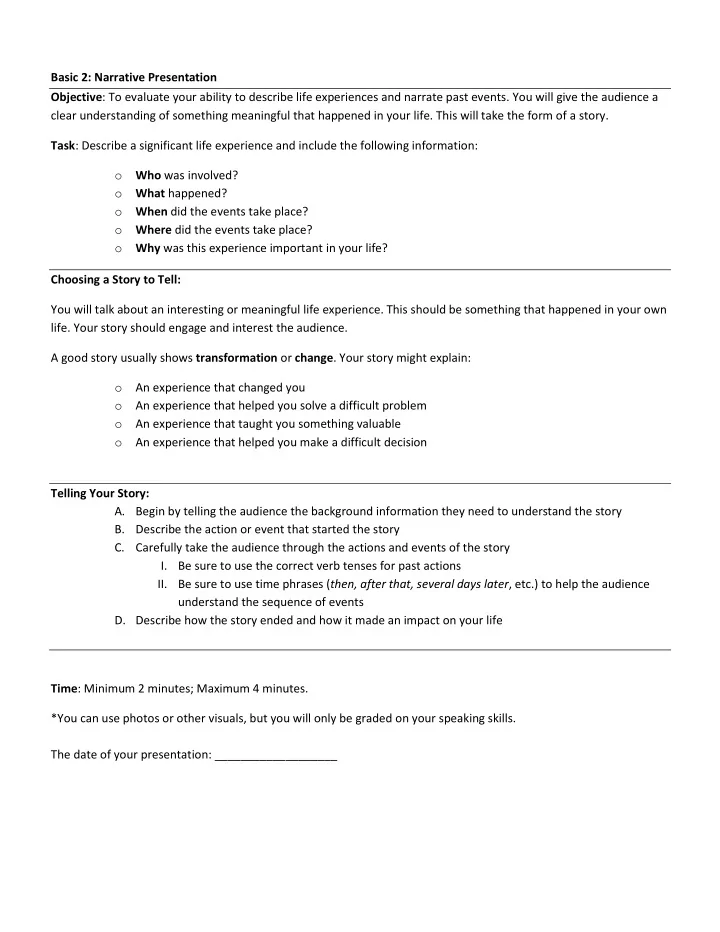 basic 2 narrative presentation objective to evaluate your