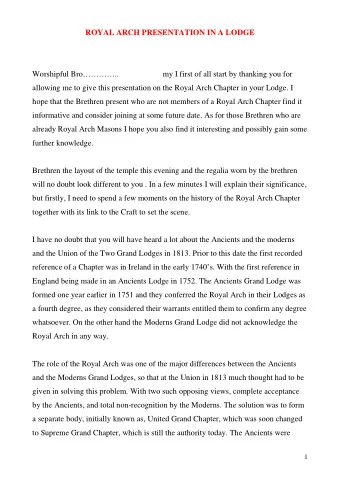 ROYAL ARCH PRESENTATION IN A LODGE  Worshipful Bro..                      my I first of