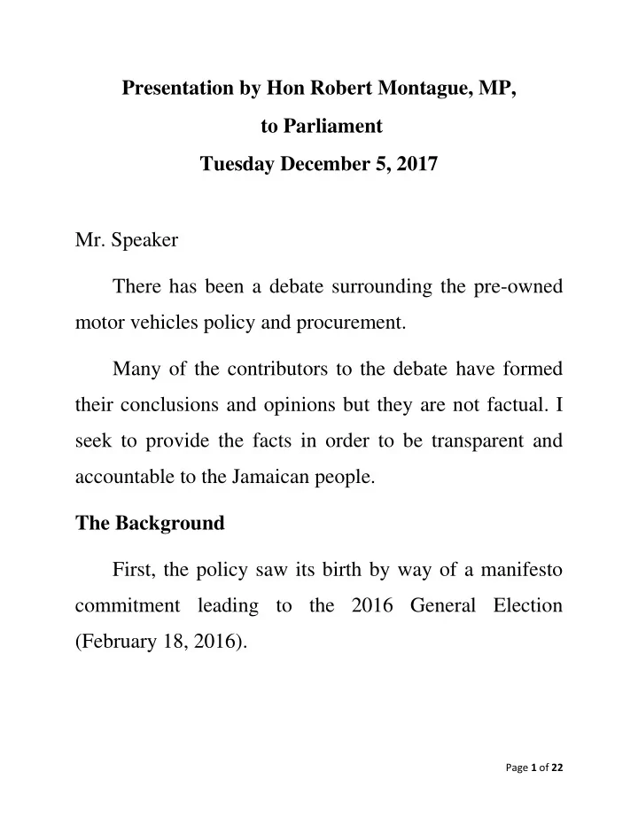 presentation by hon robert montague mp to parliament