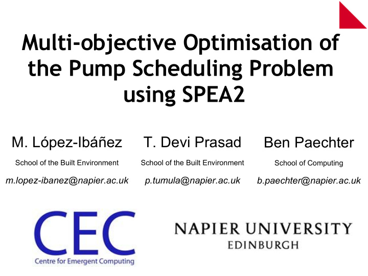 multi objective optimisation of the pump scheduling