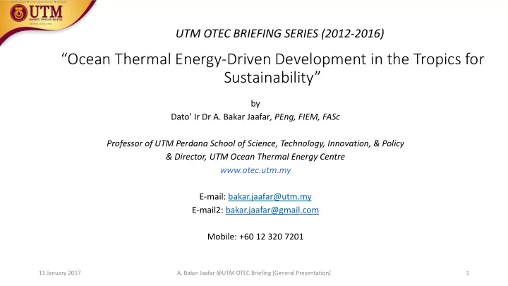 o ea ther al e ergy driven development in the tropics for