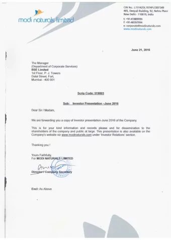 Modi Naturals Ltd. Investor Presentation  June 2016 Indias Finest Range of Branded Edible Oil