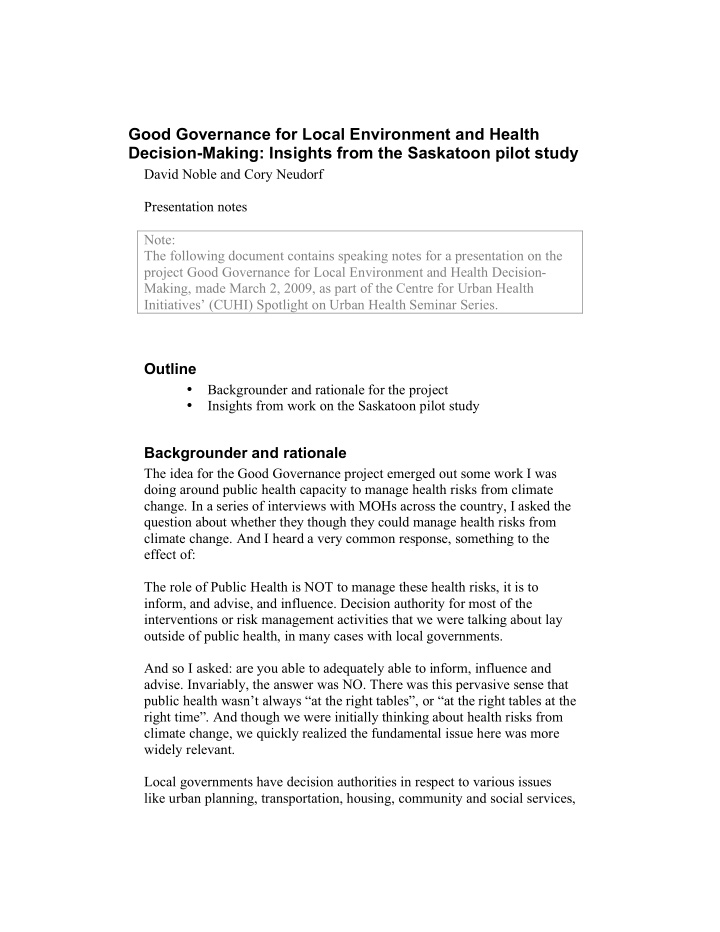 good governance for local environment and health decision