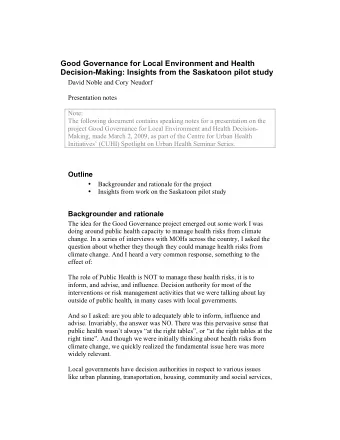 Good Governance for Local Environment and Health  Decision-Making: Insights from the Saskatoon