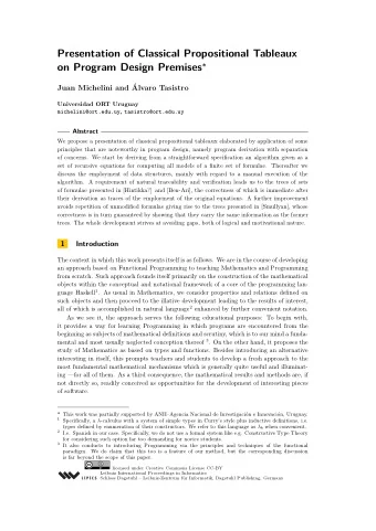 Presentation of Classical Propositional Tableaux on Program Design Premises   Juan Michelini and