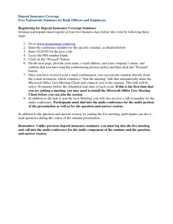 Deposit Insurance Coverage Free Nationwide Seminars for Bank Officers and Employees Registering for