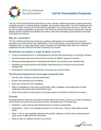 Call for Presentation Proposals  The City of Richmond Diversity Symposium is a free, one-day