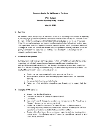 Presentation to the UW Board of Trustees FY21 Budget University of Wyoming Libraries May 11, 2020